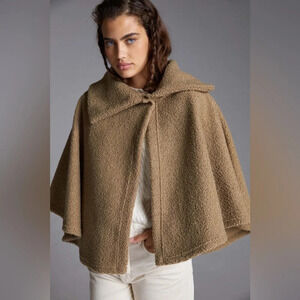 NWT Anthropologie Cape Sherpa Teddy Brown Snap Front Collared Poncho One Size